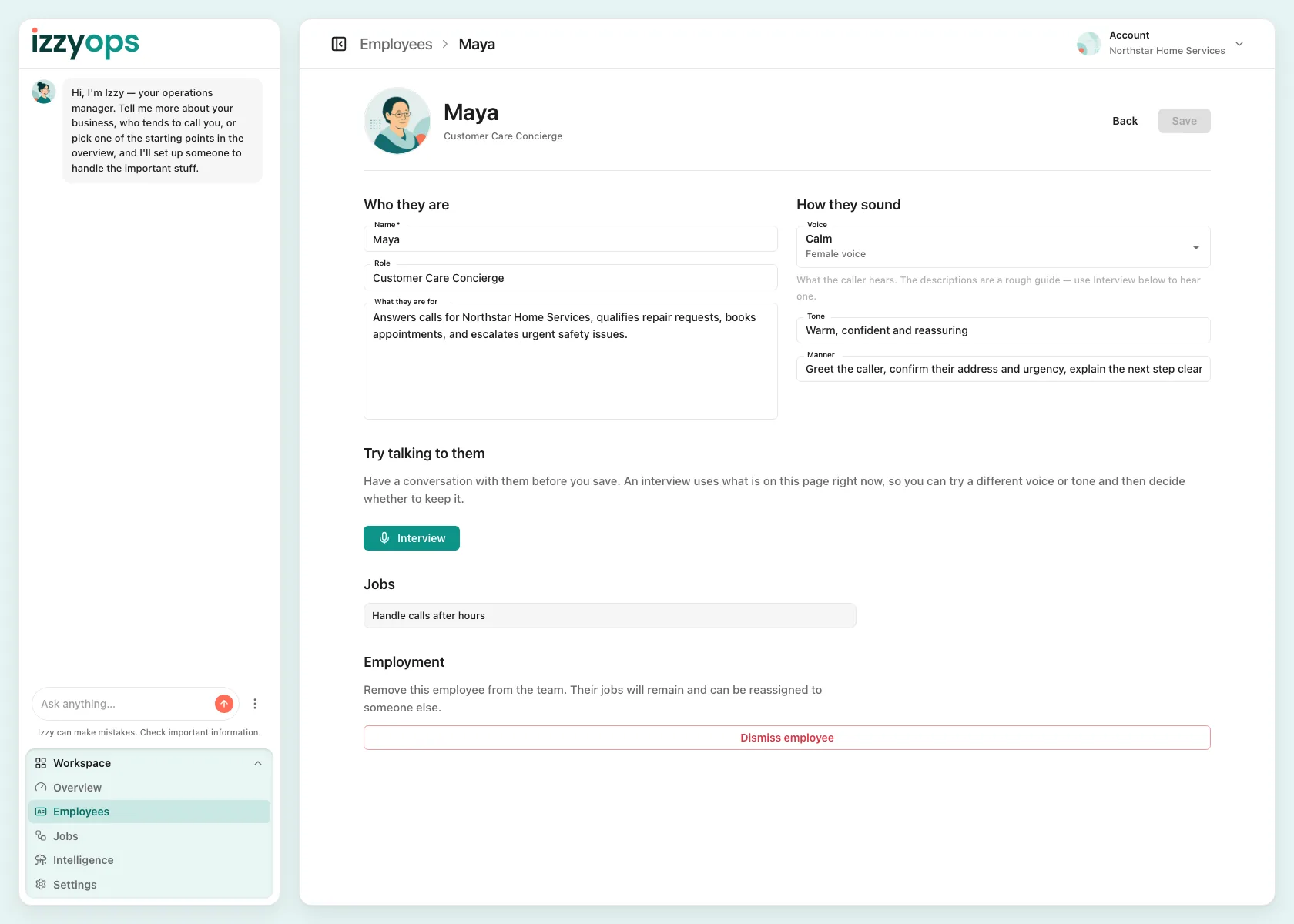 IzzyOps AI voice assistant configuration screen